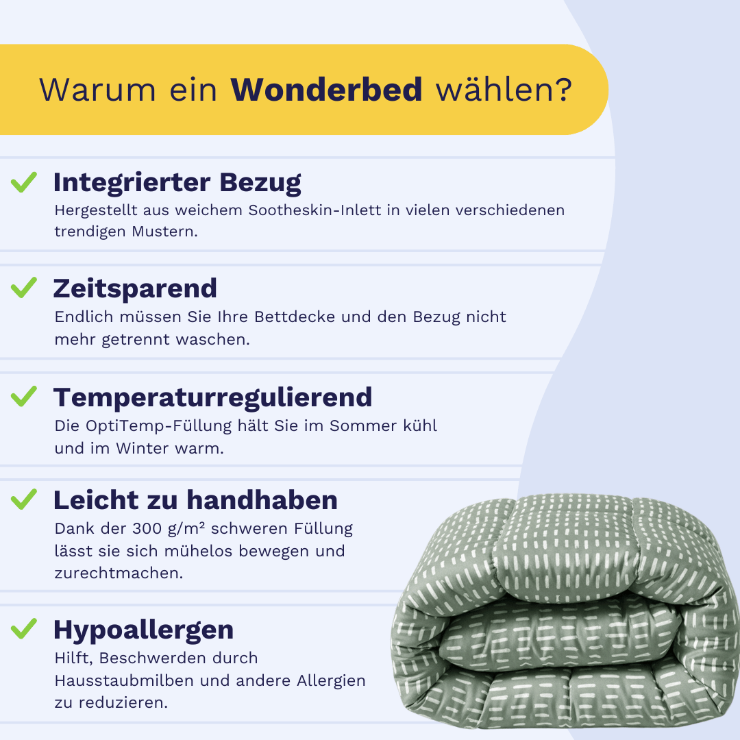 Infografik zu Zelesta Wonderbed - Olive Stitches: eine waschbare Bettdecke mit integriertem Bezug, zeitsparendem Design, Temperaturregulierung, leichter Handhabung & hypoallergenen Eigenschaften. Gefaltete Mikrofaserdecke abgebildet.