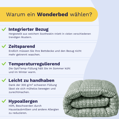 Infografik zu Zelesta Wonderbed - Olive Stitches: eine waschbare Bettdecke mit integriertem Bezug, zeitsparendem Design, Temperaturregulierung, leichter Handhabung & hypoallergenen Eigenschaften. Gefaltete Mikrofaserdecke abgebildet.