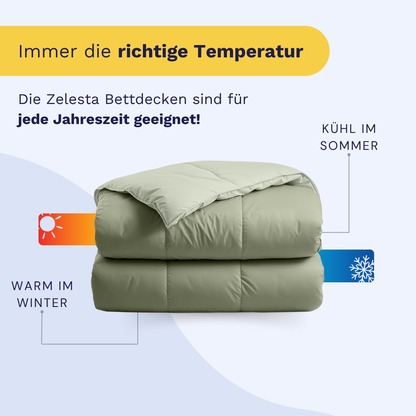 Die Zelesta Premiumbed Baumwolle - Olive & Mint Bettdecke, perfekt für alle Jahreszeiten, hält Sie im Winter warm und im Sommer kühl und sorgt für ganzjährigen Komfort.