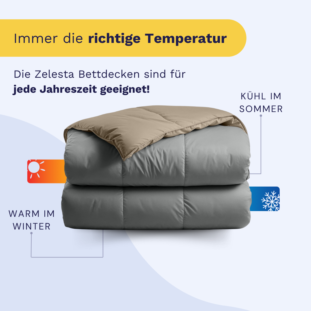 Die Zelesta Premiumbed Baumwolle - Anthracite & Taupe ist eine gefaltete Decke mit Eco-Daunenfüllung, die im Winter wärmt und im Sommer kühlt - ideal für alle Jahreszeiten und für optimale Temperaturanpassung entwickelt.