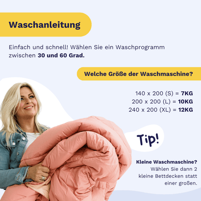 Eine Frau hält die Zelesta Premiumbed Baumwolle-Bettdecke in Anthrazit & Taupe; daneben sind Waschanleitung, empfohlene Waschtemperatur und Maschinenkapazitäten für verschiedene Bettdeckengrößen zu sehen.