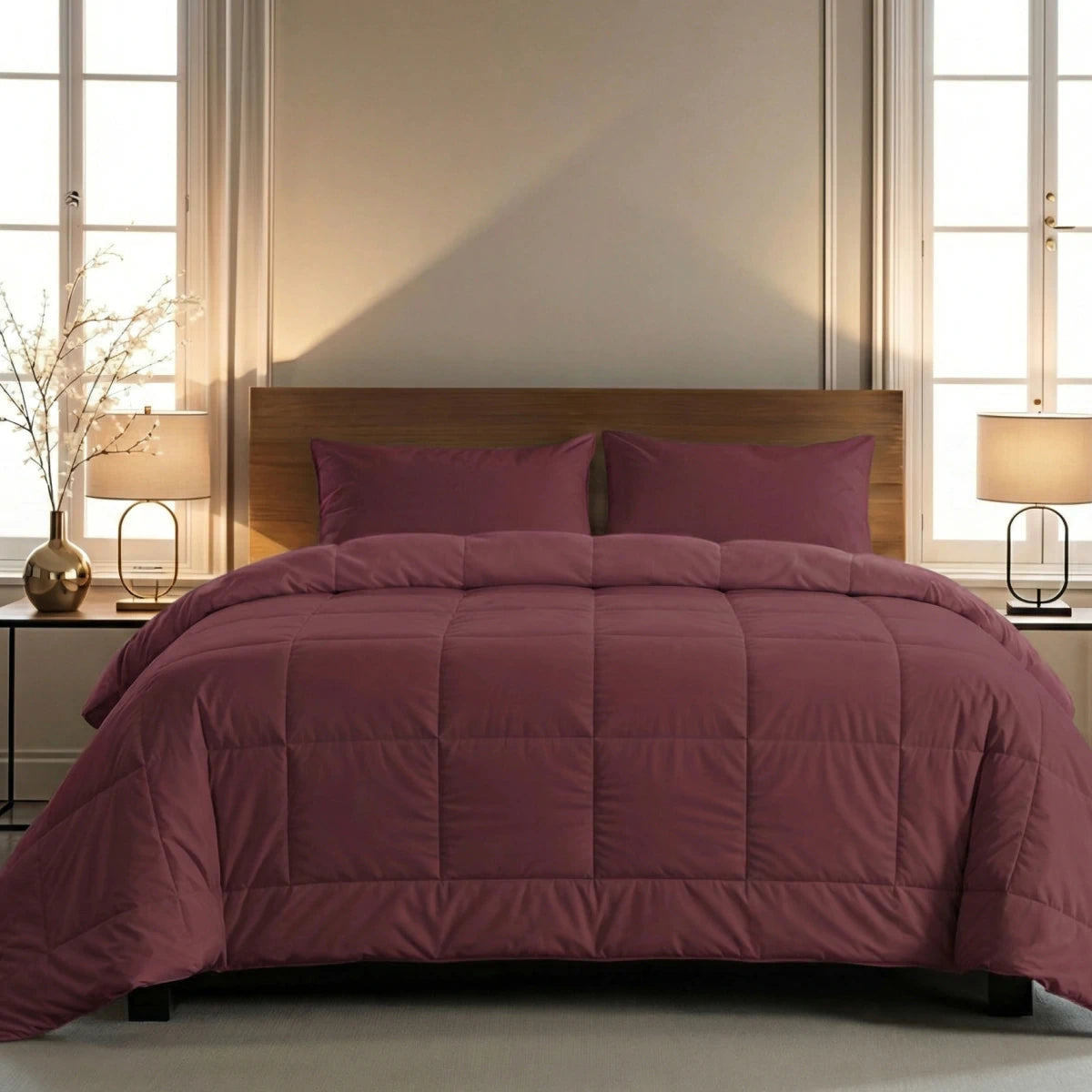 Ein ordentlich gemachtes Bett mit einer Zelesta Pure Uni Bettdecke in Bordeauxrot und passenden Kissen, flankiert von zwei Lampen auf Beistelltischen, vor hohen Fenstern und neutralen Wänden.