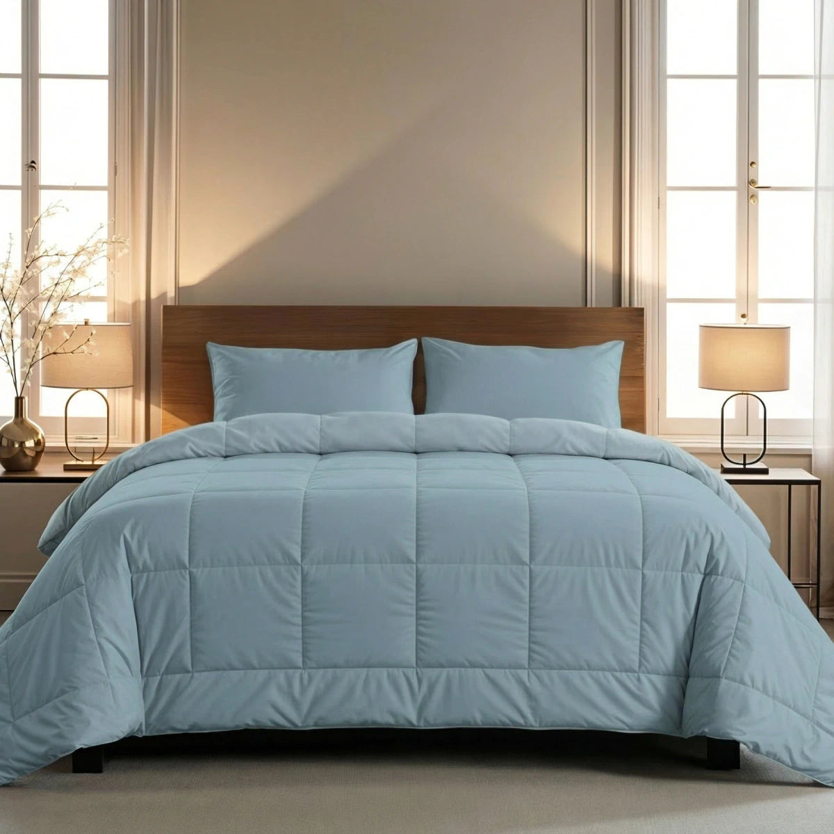Ein ordentlich gemachtes Bett mit der Zelesta Pure Uni Bettdecke - Sereneblau und Kissen, zwischen zwei Fenstern mit beigen Wänden und passenden Nachttischen mit Lampen, strahlt ademend slaapcomfort.