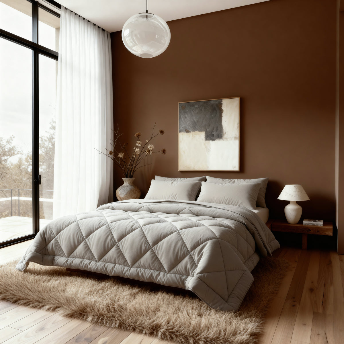 Ein modernes Schlafzimmer verfügt über ein sauber verarbeitetes Zelesta Royalbed Diamant - Sand-Beige mit einer temperaturregulierenden Bettdecke, einem flauschigen Teppich, Nachttisch mit Lampe, Vase mit Zweigen und einem großen abstrakten Gemälde an der braunen Wand.