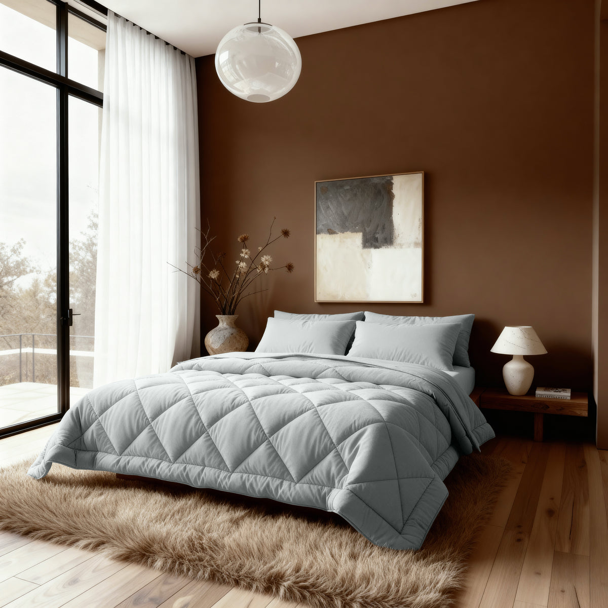 Ein modernes Schlafzimmer mit einem großen Bett mit dem Zelesta Royalbed Diamant - Grey-Blue, hellgrauer Bettwäsche, einem Zottelteppich, einer braunen Akzentwand, einem abstrakten Kunstwerk, einem Nachttisch und einem großen Fenster mit transparenten Vorhängen.