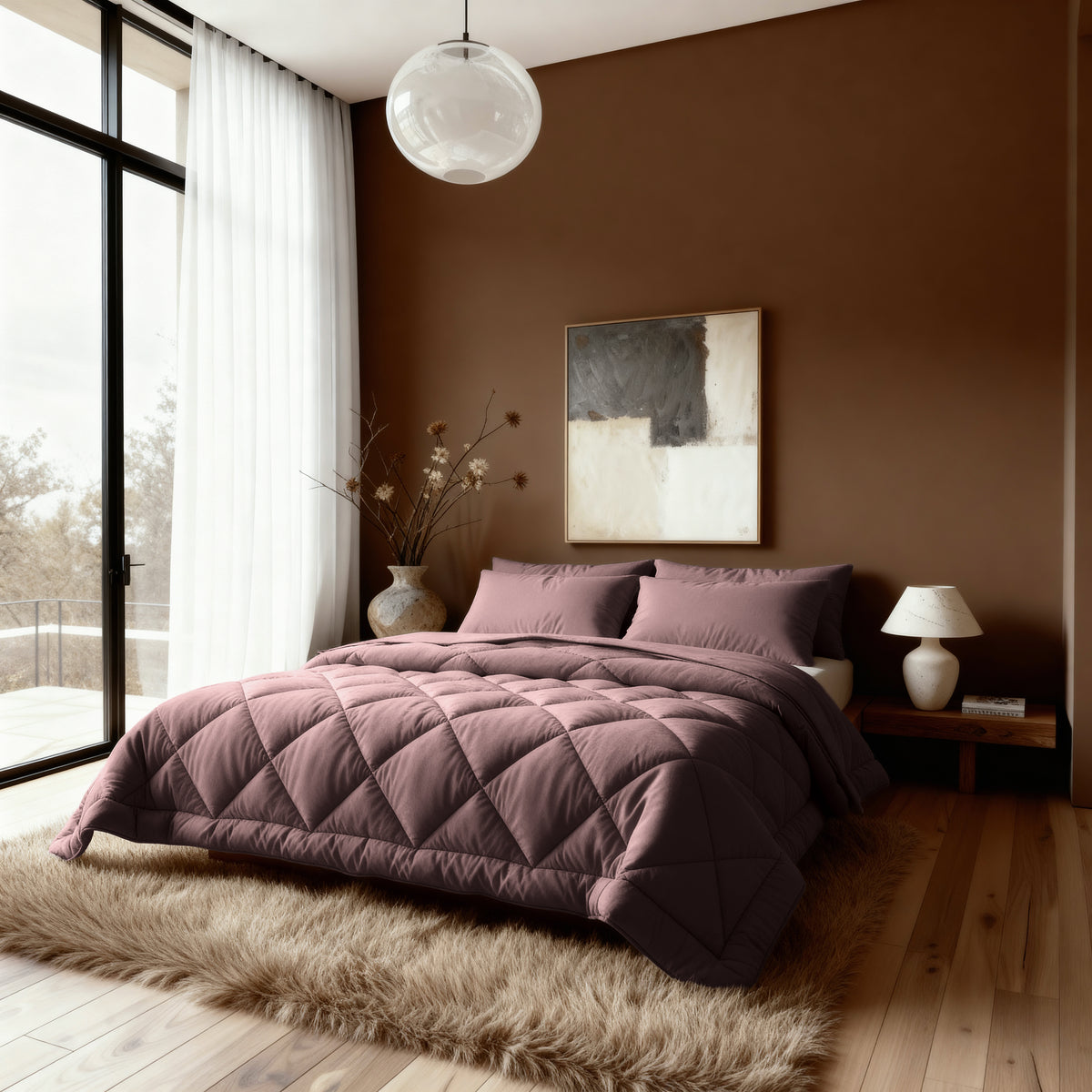 Ein modernes, allergikergeeignetes Schlafzimmer mit braunen Wänden, einem großen Bett mit einer temperaturregulierenden Zelesta Royalbed Diamant - Bordeaux Bettdecke, einem zotteligen beigen Teppich und bodentiefen Fenstern mit weißen Vorhängen.