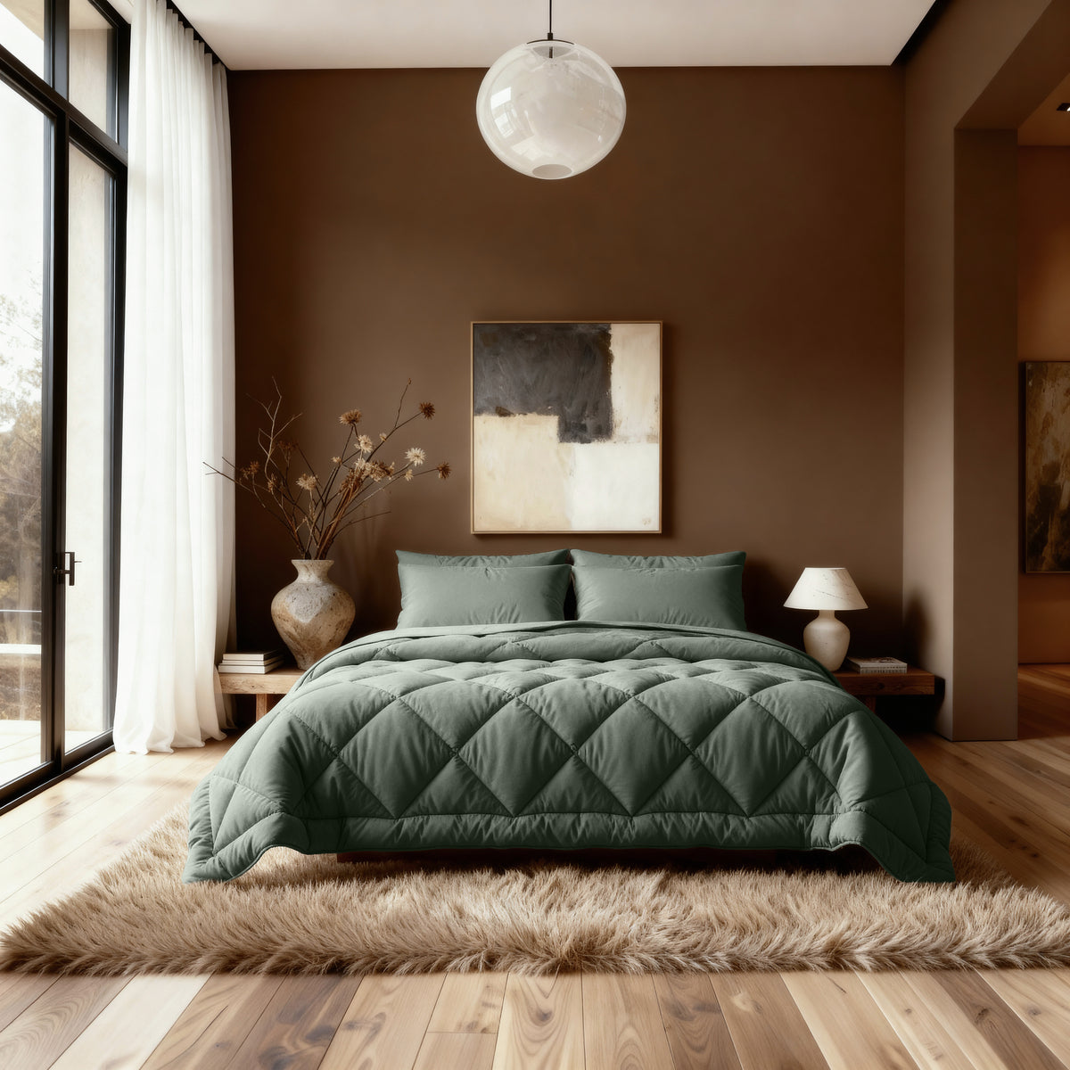 Ein modernes Schlafzimmer mit dem Zelesta Royalbed Diamant - Green, einer allergikergeeigneten Bettdecke, großer brauner Akzentwand, abstrakter Kunst, Holzböden, einem Zottelteppich und natürlichem Licht aus hohen Fenstern mit weißen Vorhängen.