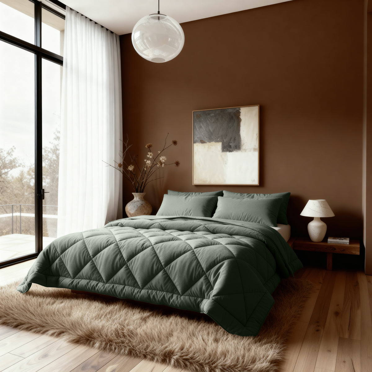 Ein modernes Schlafzimmer mit einem grünen Zelesta Royalbed Diamant, einem zotteligen Teppich, einer braunen Akzentwand, abstrakter Kunst und einem großen Fenster mit transparenten Vorhängen, die einen entspannenden und stilvollen Rückzugsort schaffen.