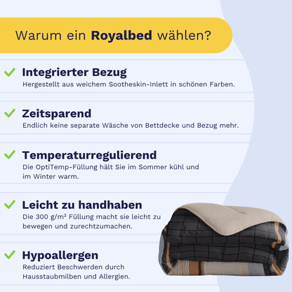 Eine Grafik zeigt fünf Gründe, sich für das Zelesta Royalbed - Blue Stripes zu entscheiden: integrierter Bezug, zeitsparende Vorteile, Temperaturregulierung, einfache Handhabung und antiallergische Bettwäsche, mit einem Bild von hochwertiger blau-gestreifter Bettwäsche.