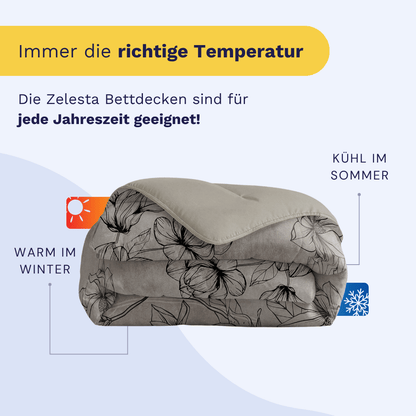 Eine gefaltete Zelesta Royalbed - Butterfly Forest Mikrofaser Bettdecke mit floralem Muster wird gezeigt, mit Text über Winterwärme, Sommerkühle und ihre antiallergischen, waschbaren Eigenschaften für alle Jahreszeiten.