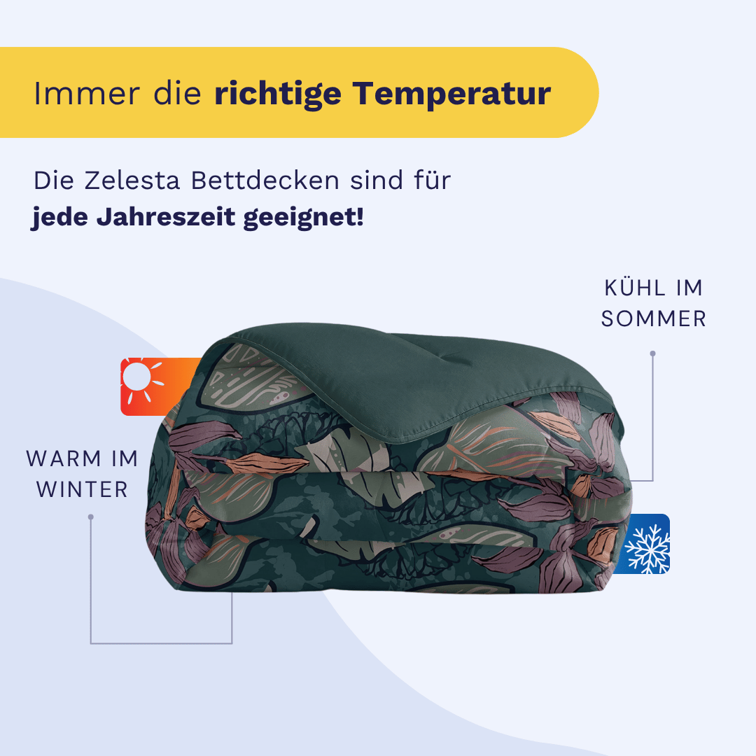 Die Zelesta Royalbed - Flower Power Mikrofaser Bettdecke wird gezeigt, mit Icons und deutschem Text, der darauf hinweist, dass sie wärmeregulierend ist: warm im Winter, kühl im Sommer-ideal für alle Jahreszeiten.