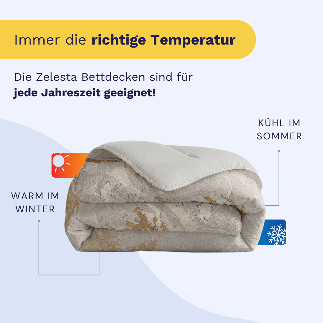 Die zusammengelegte Zelesta Royalbed - Japanese Tree Mikrofaser-Bettdecke ist abgebildet, mit Icons für Winterwärme und Sommerfrische. Die deutsche Beschreibung hebt hervor, dass die Bettdecke ganzjährig temperaturausgleichend wirkt.