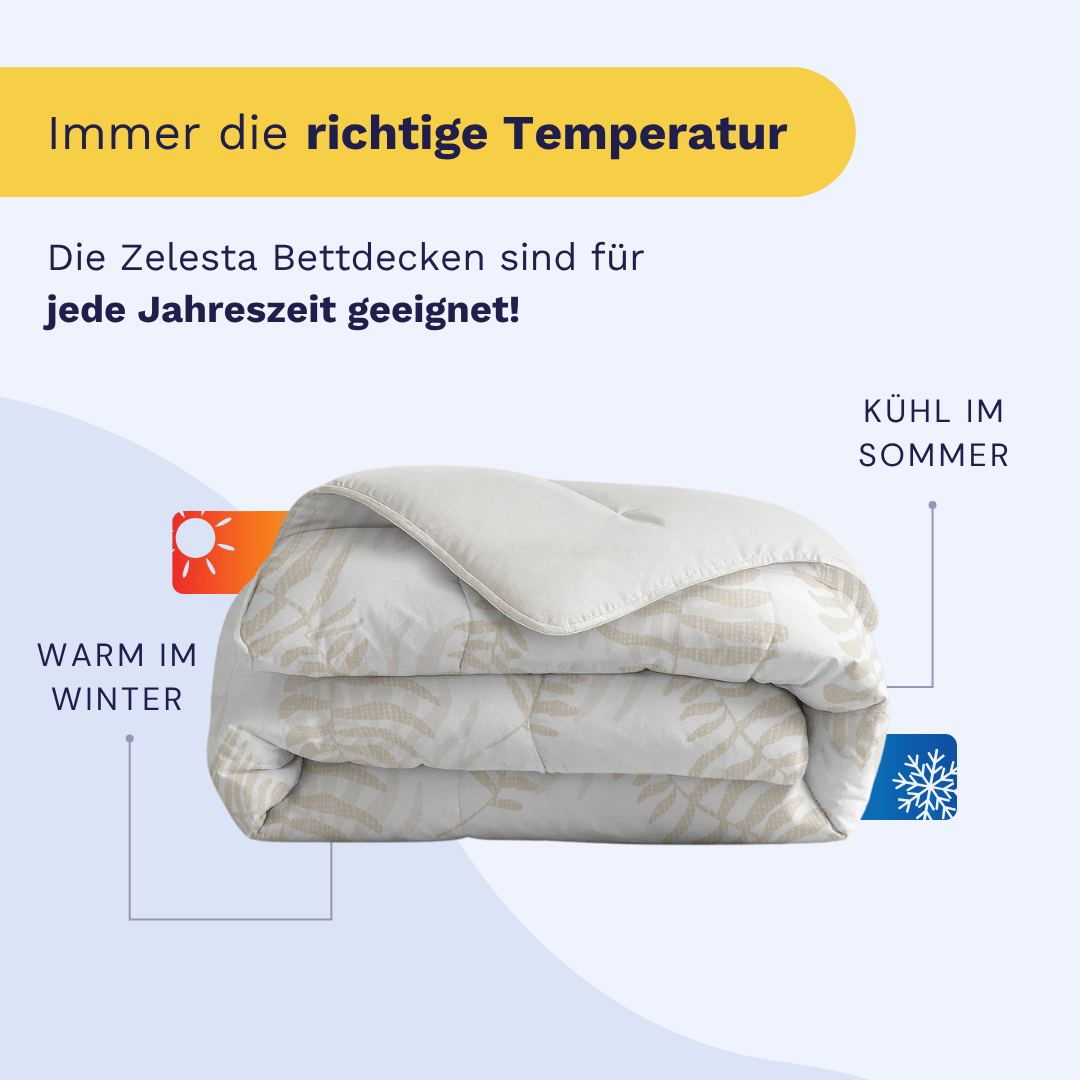 Das Zelesta Royalbed - Oak Leafs ist eine antiallergische Mikrofaser-Bettdecke mit dezentem Blättermuster, die Sie im Winter warm und im Sommer kühl hält - für ganzjährigen Komfort.