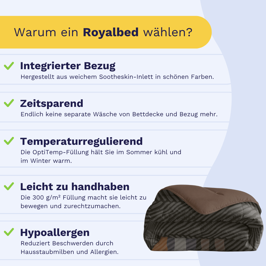 Infografik mit Vorteilen des Zelesta Royalbed - Brown Stripes: integrierter Bezug, zeitsparend, temperaturregulierend, leicht zu handhaben, antiallergische Mikrofaser-Bettdecke; daneben Produktbild.