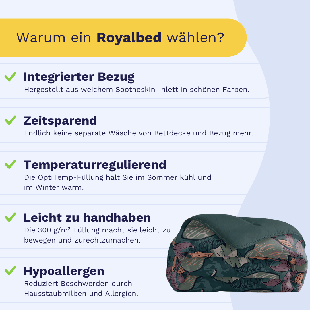 Infografik mit Vorteilen des Zelesta Royalbed - Flower Power: integrierte Mikrofaser-Bettdecke, Zeitersparnis, Temperaturregulierung, leichte Handhabung und hypoallergen; daneben das aufgerollte Bett im Blumenmuster.
