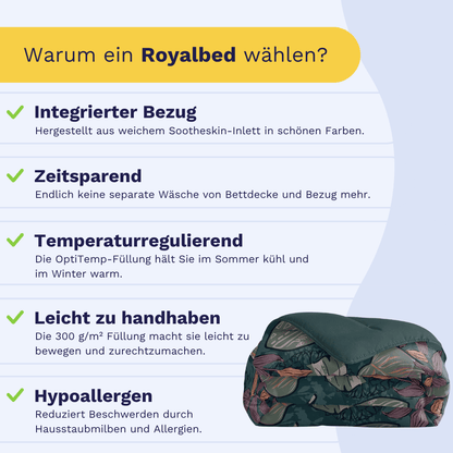 Infografik mit Vorteilen des Zelesta Royalbed - Flower Power: integrierte Mikrofaser-Bettdecke, Zeitersparnis, Temperaturregulierung, leichte Handhabung und hypoallergen; daneben das aufgerollte Bett im Blumenmuster.