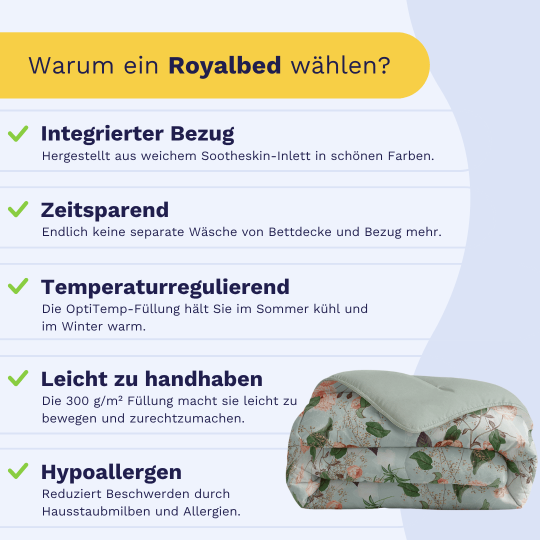 Infografik mit den Vorteilen des Zelesta Royalbed - Happy Flower: integrierter Bezug, zeitsparend, temperaturregulierend, leicht zu handhaben, antiallergisch; Blumenbettdecke in der unteren rechten Ecke.