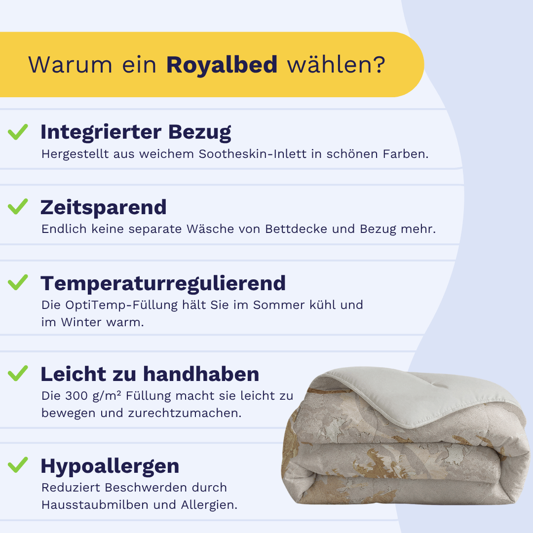 Infografik zu Zelesta Royalbed - Japanese Tree: integrierter Bezug, zeitsparend, wärmeregulierende Mikrofaser-Bettdecke, leicht zu handhaben, antiallergisch. Unten rechts gefaltete Bettdecke abgebildet.