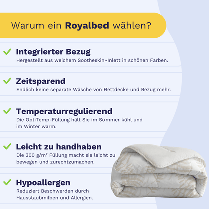 Infografik über die Vorteile des Zelesta Royalbed - Oak Leafs: integrierter Bezug, zeitsparendes Design, Temperaturregulierung, einfache Handhabung und antiallergische Eigenschaften. Das Bild zeigt eine sauber gefaltete Bettdecke.