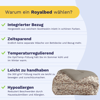 Infografik mit Vorteilen des Zelesta Royalbed - Sand Panther: integrierter Bezug, zeitsparend, temperaturregulierend, leicht zu handhaben und hypoallergen - perfekt als antiallergische Mikrofaser-Bettdecke. Daneben ein gefaltetes Bett mit Muster.