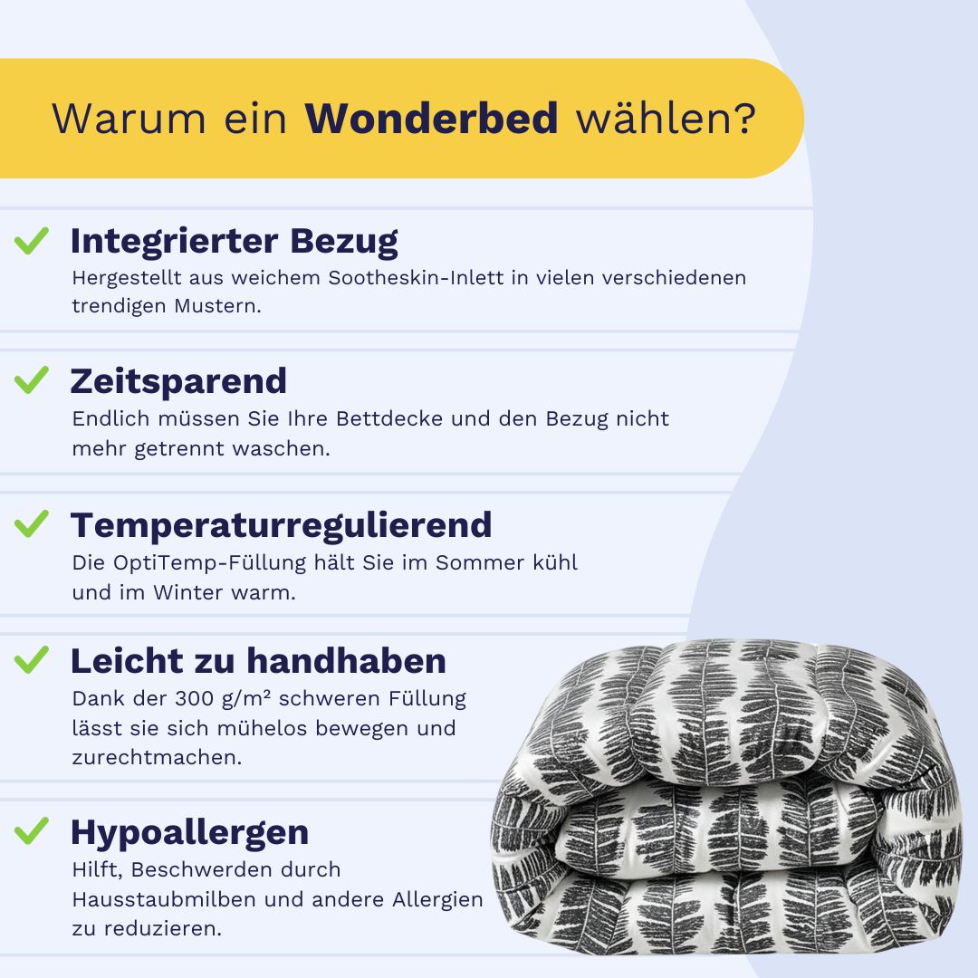 Infografik mit Vorteilen des Zelesta Wonderbed - Savanna Feather: integrierter Bezug, zeitsparend, temperaturregulierend, leicht zu handhaben, antiallergische Bettdecke; darunter gefaltete Bettdecke.