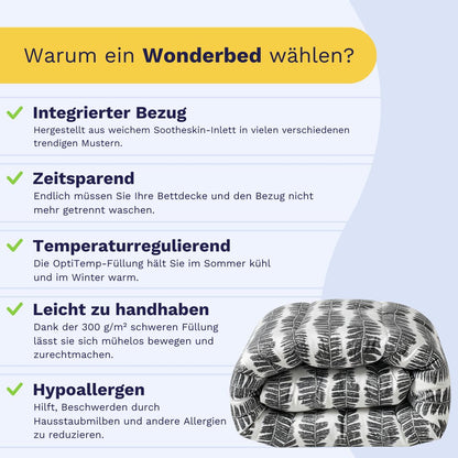 Infografik mit Vorteilen des Zelesta Wonderbed - Savanna Feather: integrierter Bezug, zeitsparend, temperaturregulierend, leicht zu handhaben, antiallergische Bettdecke; darunter gefaltete Bettdecke.