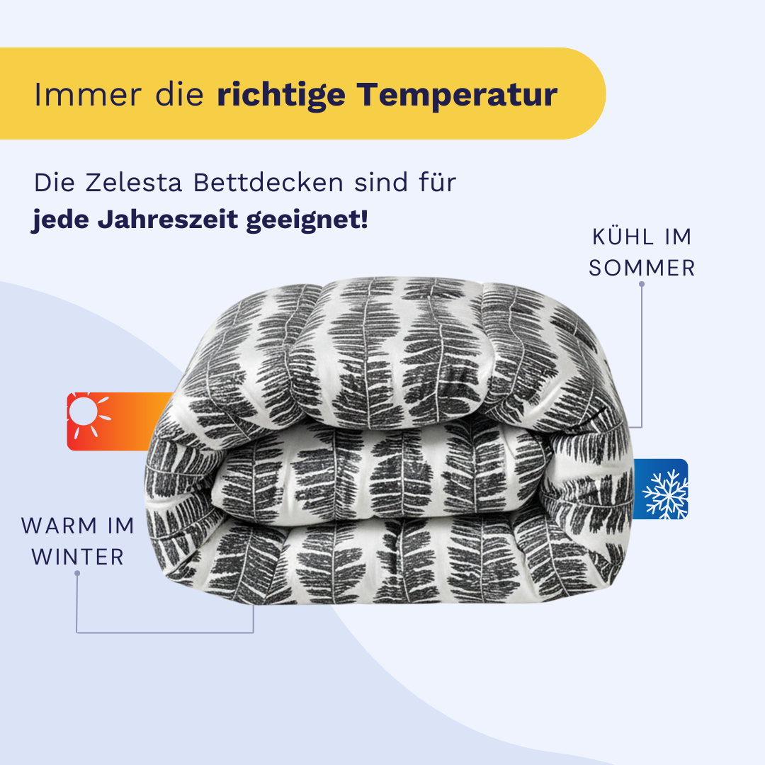 Abgebildet ist ein gefaltetes Zelesta Wonderbed - Savanna Feather mit einem schwarz-weißen Blattmuster; der kommentierte Text hebt hervor, dass es im Winter warm und im Sommer kühl hält.