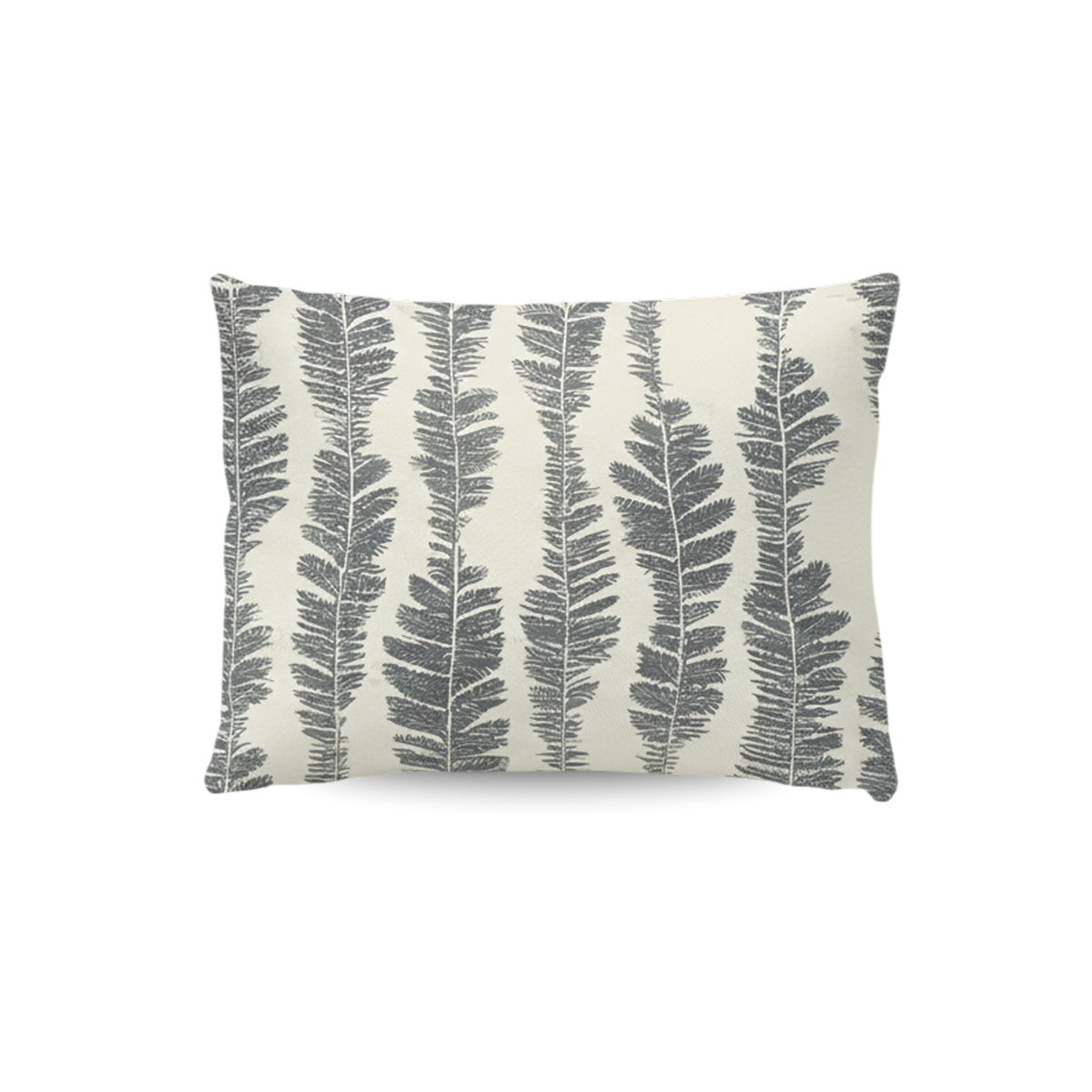 Zelesta Wonderbed Kissenbezüge Set von 2 - Savanna Feather: Rechteckige Mikrofaser-Kissenbezüge (80x80 cm) mit weißem Hintergrund und wiederkehrendem Muster aus dunkelgrauen, vertikalen Farnblättern.