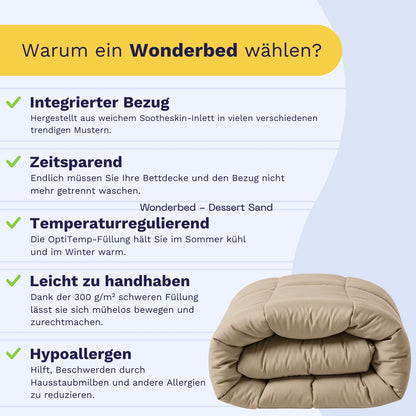 Infografik mit fünf Vorteilen des Zelesta Wonderbed Baumwolle - Taupe Blush mit Mikrofaser-Bettdecke: integrierter Bezug, Zeitersparnis, Temperaturregulierung, einfache Handhabung und hypoallergen. Unten gefaltet dargestellt.