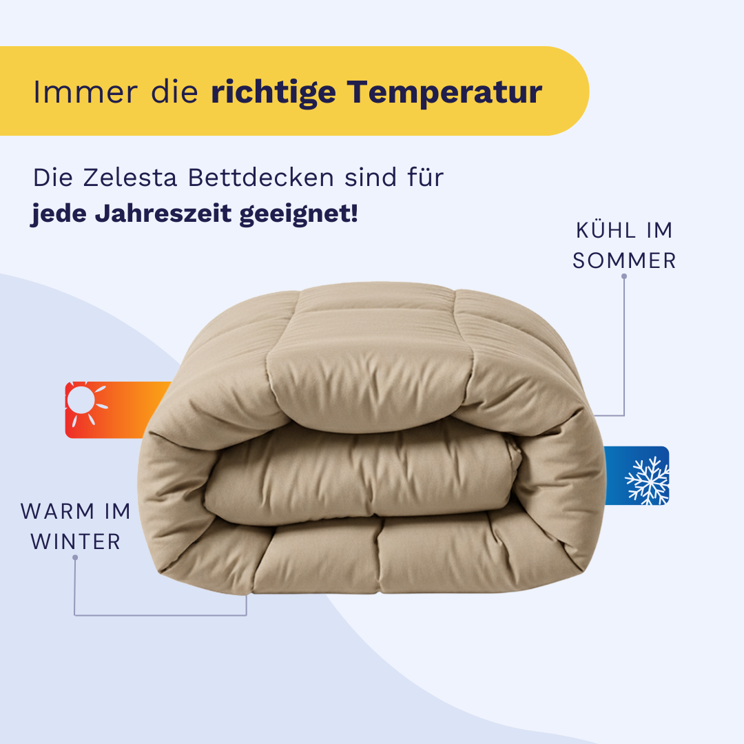 Die gefaltete Zelesta Wonderbed Baumwolle - Taupe Blush Bettdecke überzeugt als waschbare, antiallergische Alljahresdecke: Sie hält im Winter warm, bleibt im Sommer angenehm kühl und sorgt jederzeit für höchsten Schlafkomfort.