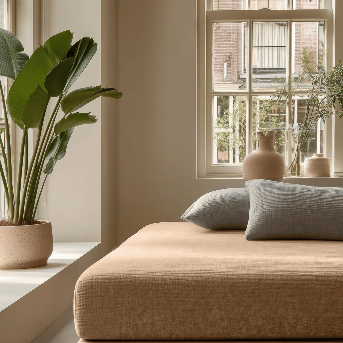 Ein ordentlich gemachtes Bett mit dem Musselin Spannbettlaken - Terra sitzt neben einer großen Pflanze und einem Fenster. Dekorative Vasen und natürliches Licht vervollständigen die ruhige, minimalistische Schlafzimmeratmosphäre.