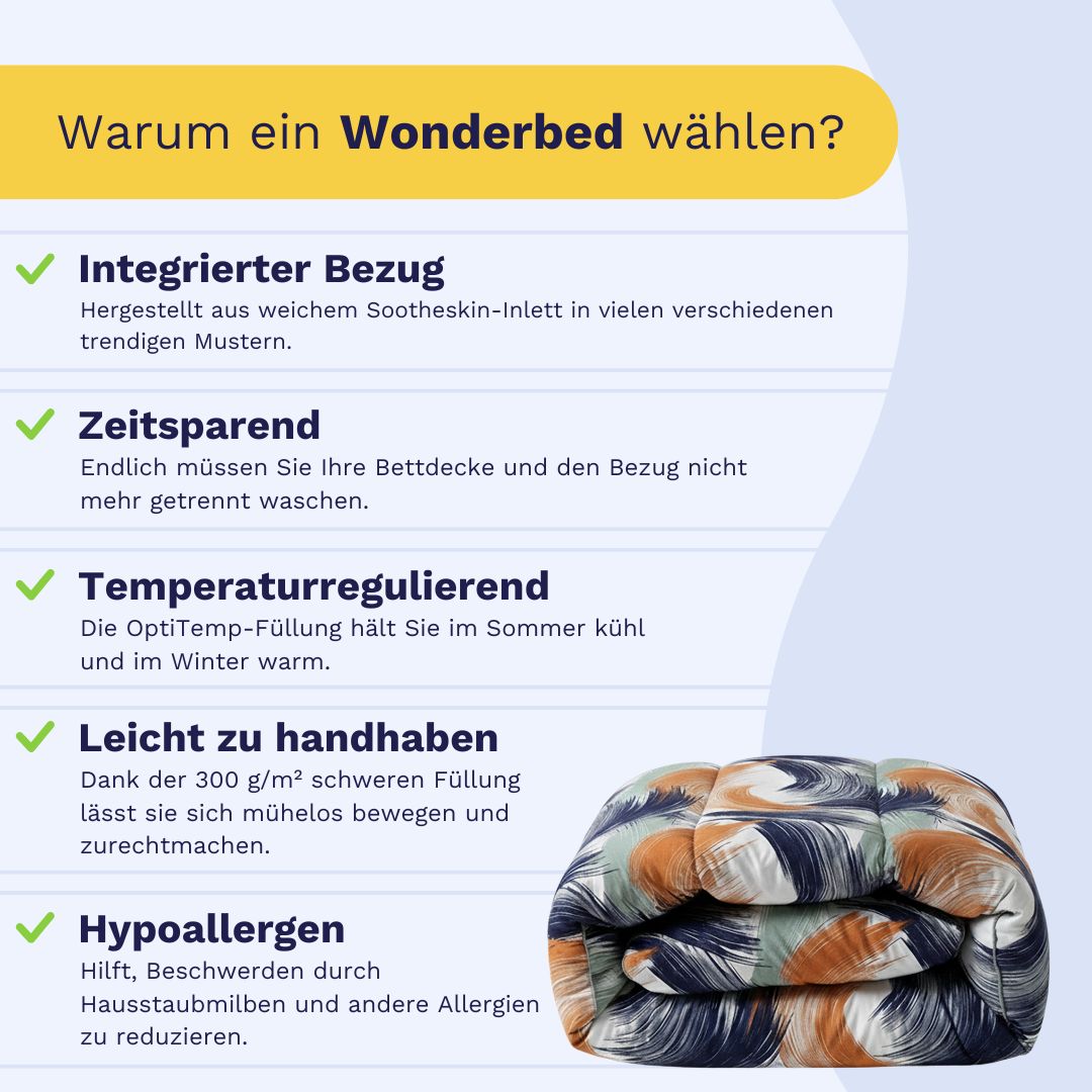 Infografik mit den Vorteilen des Zelesta Wonderbed - Urban Brush: integrierter Bezug, Zeitersparnis bei der Pflege, temperaturregulierend, leicht zu handhaben und antiallergische Bettdecke.