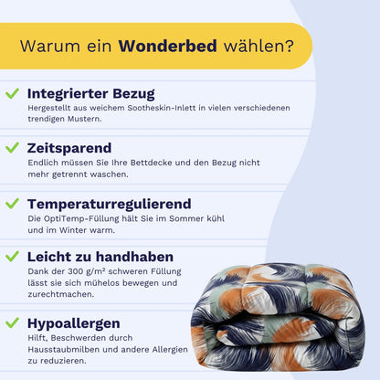 Infografik mit den Vorteilen des Zelesta Wonderbed - Urban Brush: integrierter Bezug, Zeitersparnis bei der Pflege, temperaturregulierend, leicht zu handhaben und antiallergische Bettdecke.