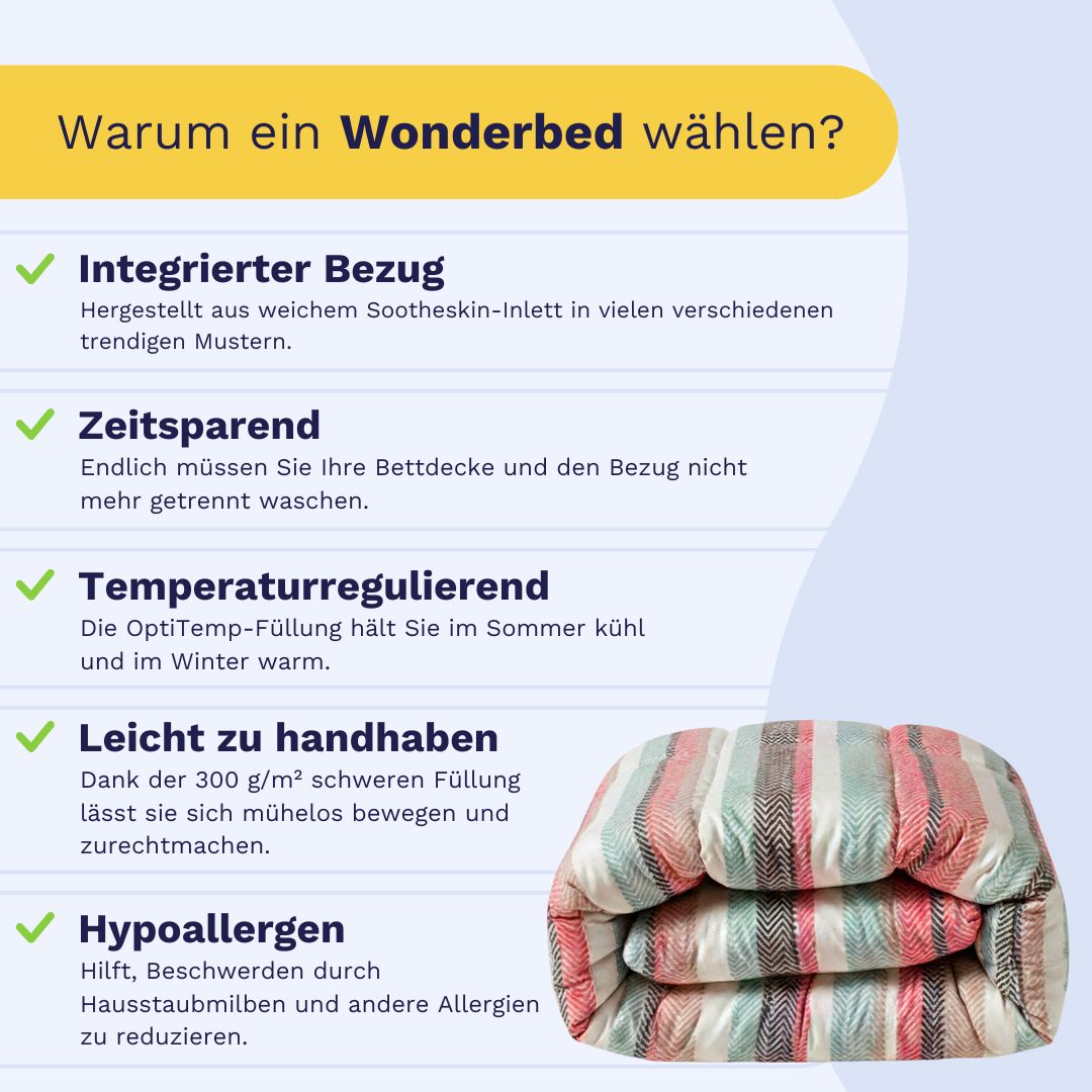 Infografik mit dem Titel Warum ein Zelesta Wonderbed - Vintage Vibe wählen? zeigt fünf Vorteile der Mikrofaser Bettdecke neben einem Bild einer gefalteten, gemusterten Decke.