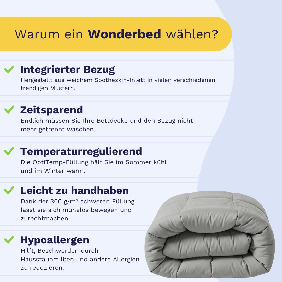 Die Infografik zeigt fünf Eigenschaften des Zelesta Wonderbed Baumwolle - Morning Grey: integrierter Bezug, Zeitersparnis, Temperaturregulierung mit wärmeregulierender Decke, einfache Handhabung und hypoallergen. Gefaltetes Bettzeug erscheint am Boden.