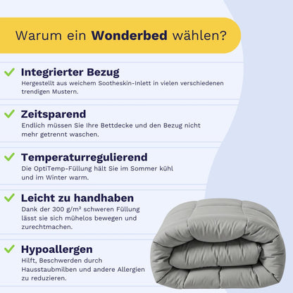 Die Infografik zeigt fünf Eigenschaften des Zelesta Wonderbed Baumwolle - Morning Grey: integrierter Bezug, Zeitersparnis, Temperaturregulierung mit wärmeregulierender Decke, einfache Handhabung und hypoallergen. Gefaltetes Bettzeug erscheint am Boden.