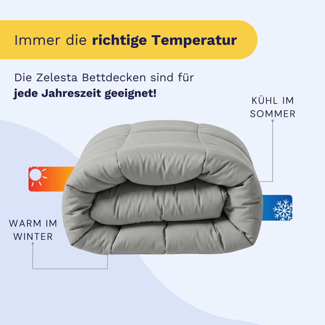 Die Zelesta Wonderbed Baumwolle - Morning Grey Bettdecke ist gefaltet abgebildet, mit dem Hinweis, dass sie für alle Jahreszeiten geeignet ist und Sie im Winter warm und im Sommer kühl hält.