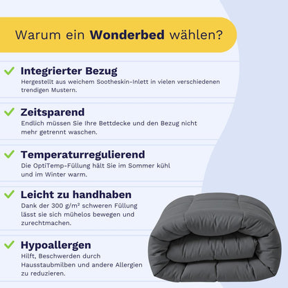Informationsgrafik mit Gründen, die für das Zelesta Wonderbed - Stone Grey sprechen, mit einer gefalteten grauen Mikrofaser-Bettdecke und mit Vorteilen wie integriertem Bezug, Zeitersparnis, Temperaturregulierung, einfacher Handhabung und hypoallergenen Eigenschaften.