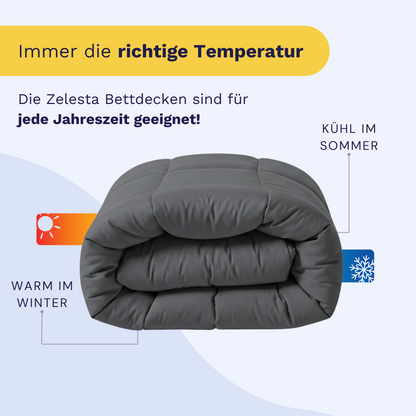 Die Zelesta Wonderbed - Stone Grey Mikrofaser Bettdecke trägt auf ihrem deutschen Etikett die Aufschrift "wärmeregulierende Bettdecke" und bietet ganzjährigen Komfort - warm im Winter, kühl im Sommer - und ist ideal als antiallergische Bettdecke.