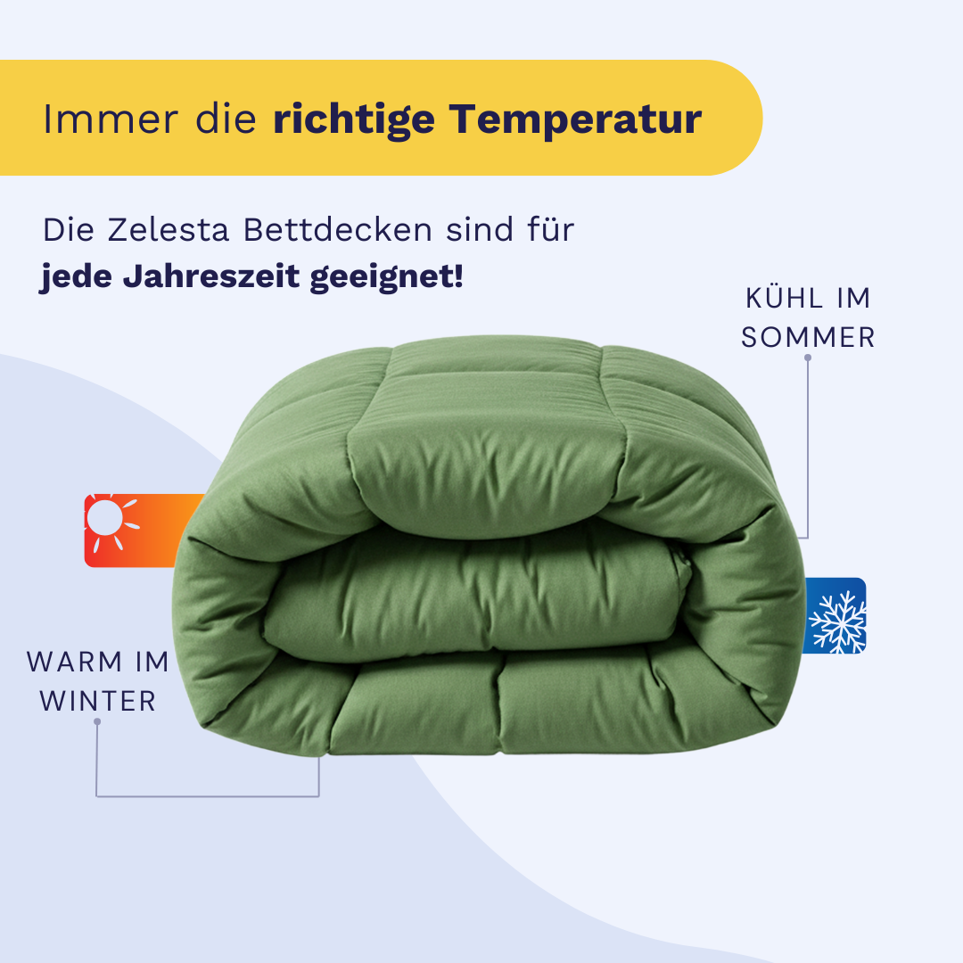 Die Zelesta Wonderbed - Timeless Green Mikrofaser Bettdecke ist waschbar, warm im Winter und kühl im Sommer - ideal als Ganzjahresbettdecke.