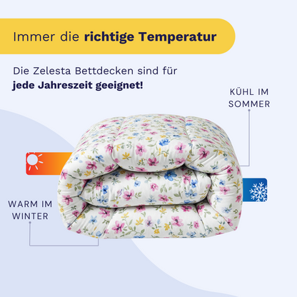Die Zelesta Wonderbed - Spring Bloom Mikrofaser Bettdecke ist für alle Jahreszeiten geeignet und bietet Wärme im Winter und kühlen Komfort im Sommer.