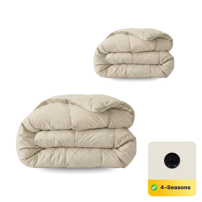 Eine Nahaufnahme des Zelesta Wonderbed 4 Seasons Double Baumwolle - Desert Sand, die die kuschelige Textur und die ganzjährige Wärme des Bettes zeigt, perfekt für jede Jahreszeit.