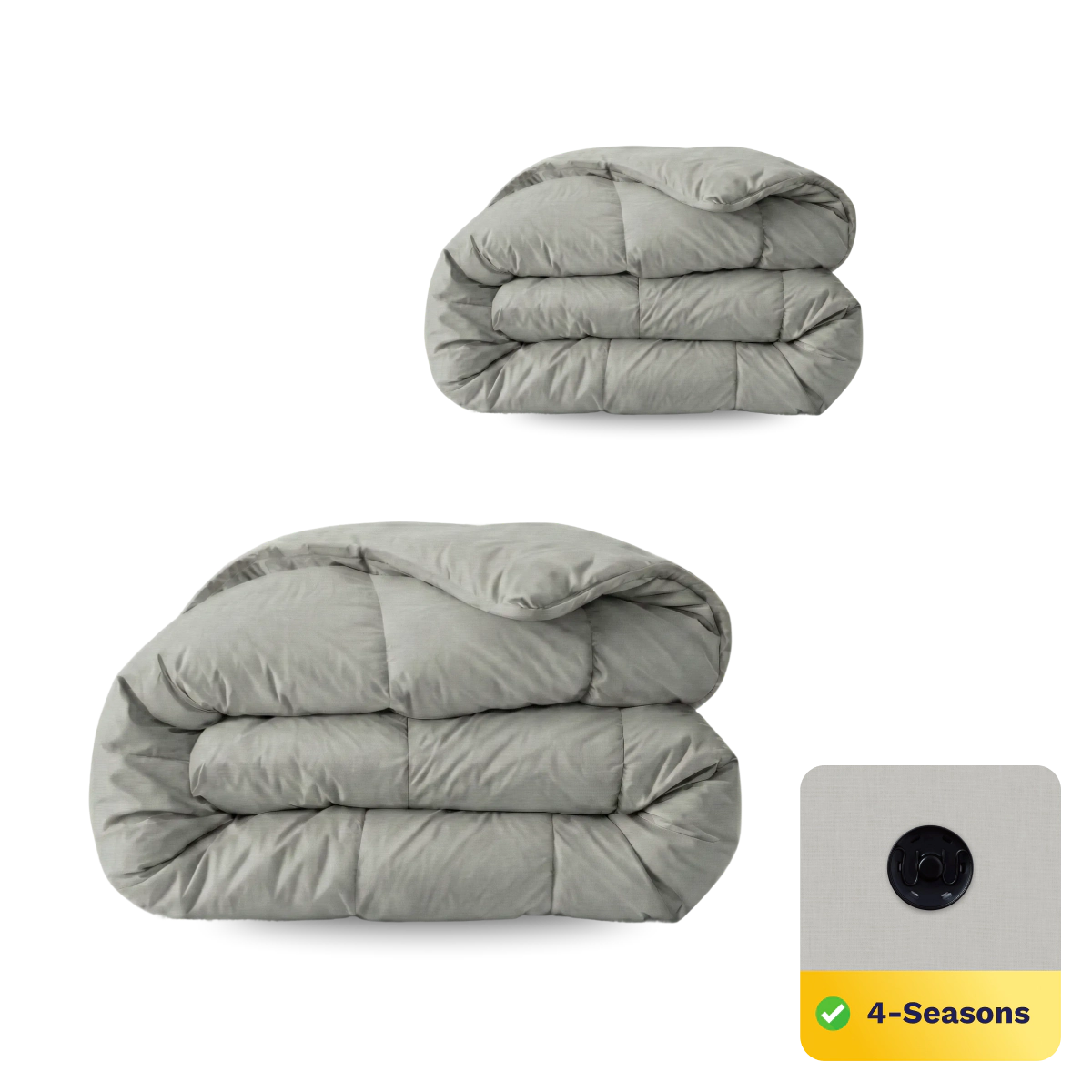 Abgebildet sind zwei gefaltete graue Bettdecken, eine größer als die andere. Ein kleines Symbol hebt das Zelesta Wonderbed 4 Seasons Double Baumwolle - Morning Grey als Ganzjahresbettwäsche hervor.