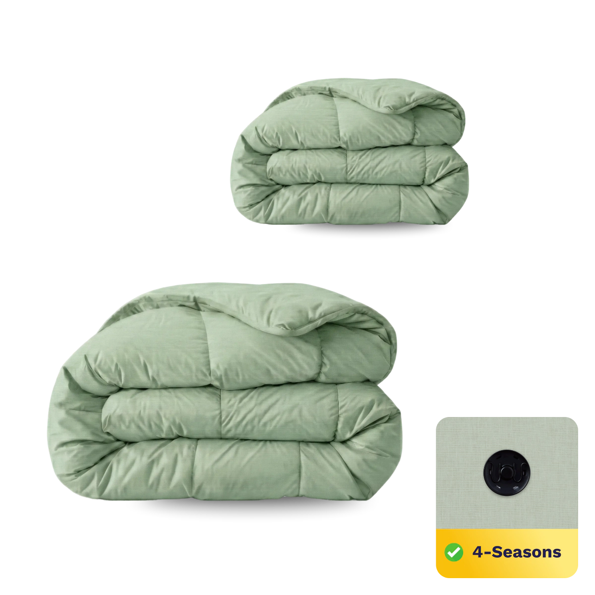 Zwei grüne Zelesta Wonderbed 4 Seasons Double Baumwolle Bettdecken sind auf weißem Hintergrund gefaltet, mit einer Nahaufnahme des Edelstahl-Klicksystem-Knopfes und einem 4-Seasons-Label, das die Ganzjahrestauglichkeit anzeigt.
