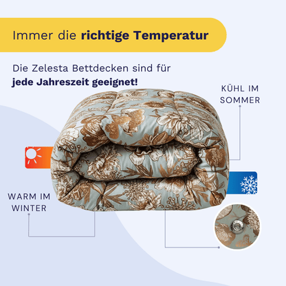 Gefaltete Bettdecke mit Blumenmuster und Symbolen für kühle Sommer und warme Winter; deutscher Text wirbt für das Zelesta Wonderbed 4 Seasons Double - Botanic Chique, eine Ganzjahresbettwäsche.