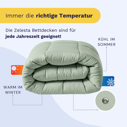 Gefaltete Zelesta Wonderbed 4 Seasons Double Baumwolle - Natural Green Bettdecke mit Edelstahl-Klicksystem Druckknopf, Symbolen für warme und kalte Temperaturen und deutschem Text, der die ganzjährige Einsetzbarkeit beschreibt.
