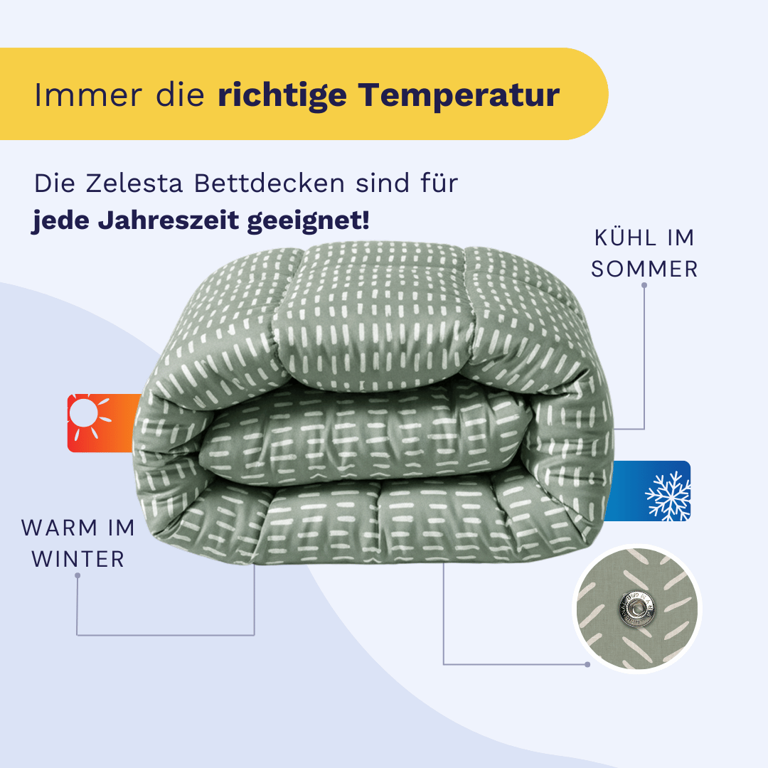 Das Zelesta Wonderbed 4 Seasons Double - Olive Stitches ist eine gefaltete graue Bettdecke mit olivfarbenen Nähten, die Sie im Winter warm und im Sommer kühl hält und somit für alle Jahreszeiten geeignet ist.