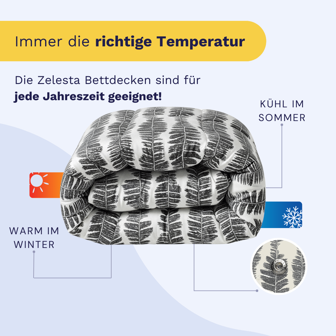 Das Zelesta Wonderbed 4 Seasons Double - Savanna Feather zeichnet sich durch ein gefaltetes schwarz-weißes Muster aus. Die Symbole zeigen, dass es im Sommer kühl und im Winter warm bleibt und somit das ganze Jahr über Komfort bietet.