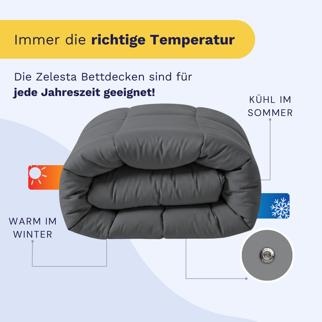 Das Zelesta Wonderbed 4 Seasons Double in Stone Grey ist gefaltet und zeigt mit Symbolen und Text, dass es im Winter warm und im Sommer kühl hält. Deutsch unterstreicht seinen ganzjährigen Komfort - ideal für alle Jahreszeiten aus der Wonderbed-Kollektion.