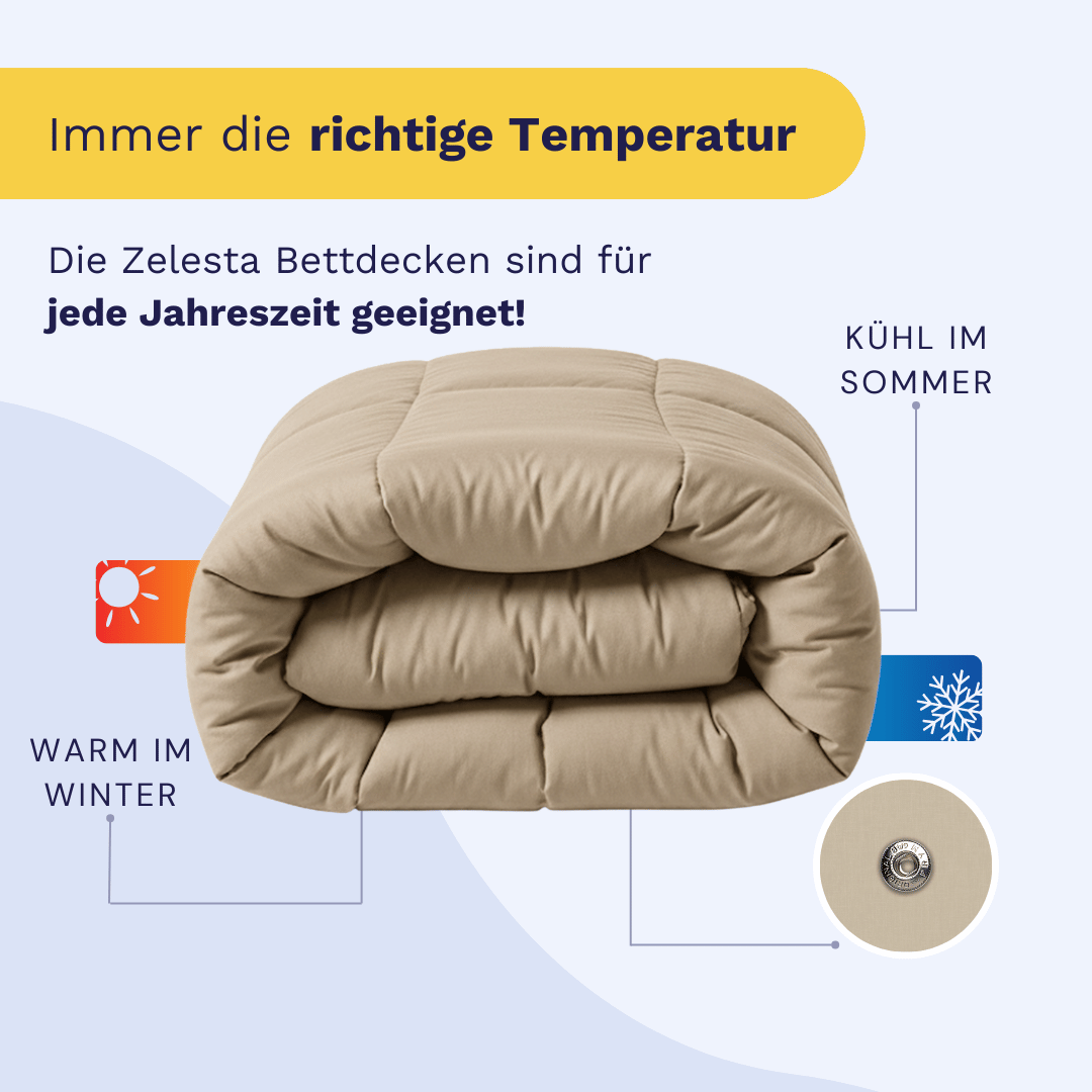 Die gefaltete Zelesta Wonderbed 4 Seasons Double Baumwolle - Taupe Blush zeigt Labels für Sommerfrische und Winterwärme. Die deutsche Beschriftung empfiehlt sie als ideale Ganzjahresdecke.